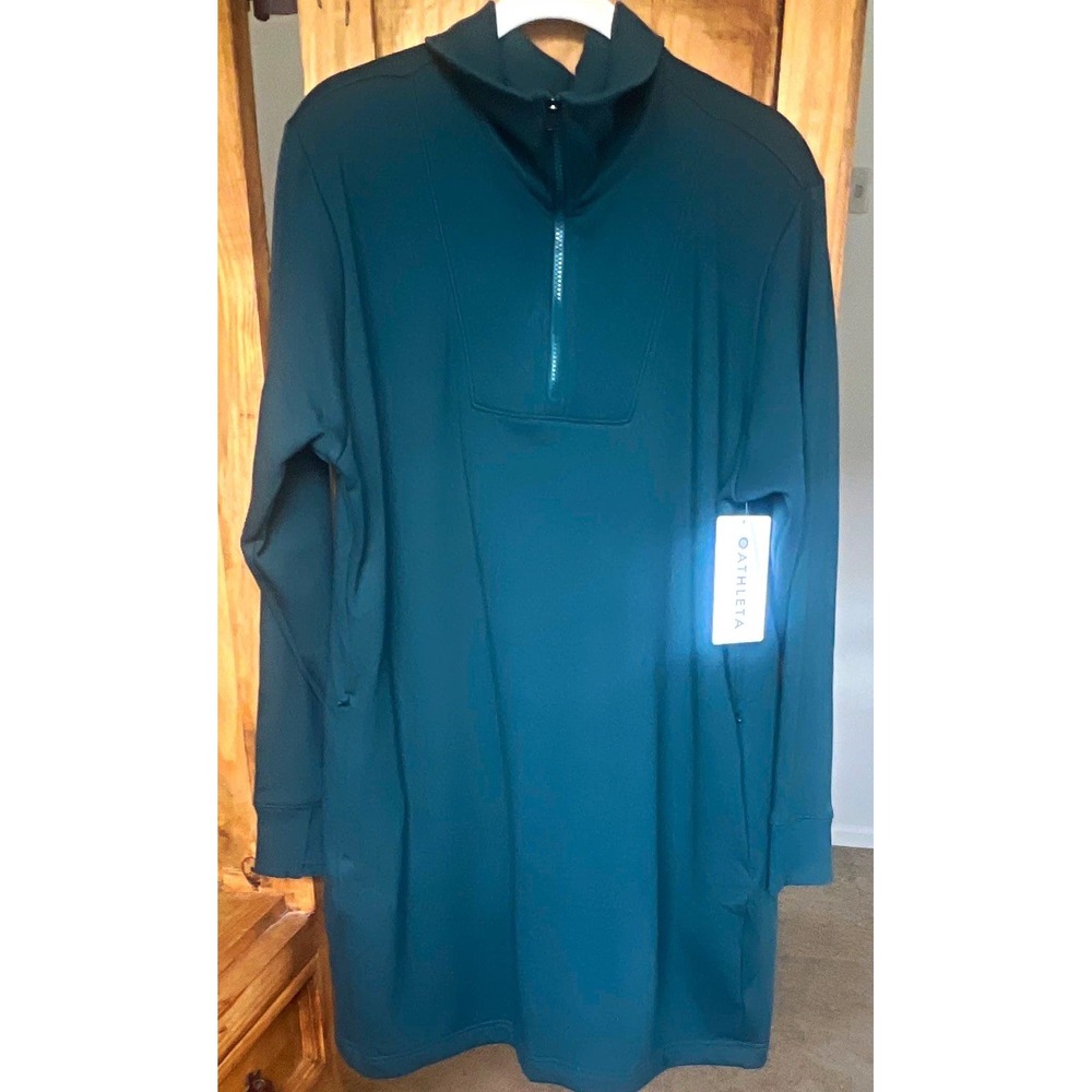 Athleta Women's Pine Green Fleece Dress XL 1/4 Zip Long Sleeve Activewear